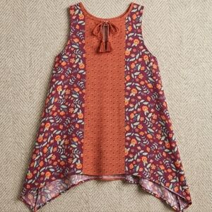 Matilda Jane Women’s Floral Sleeveless Tunic Top Size XS Rust Maroon Tassels